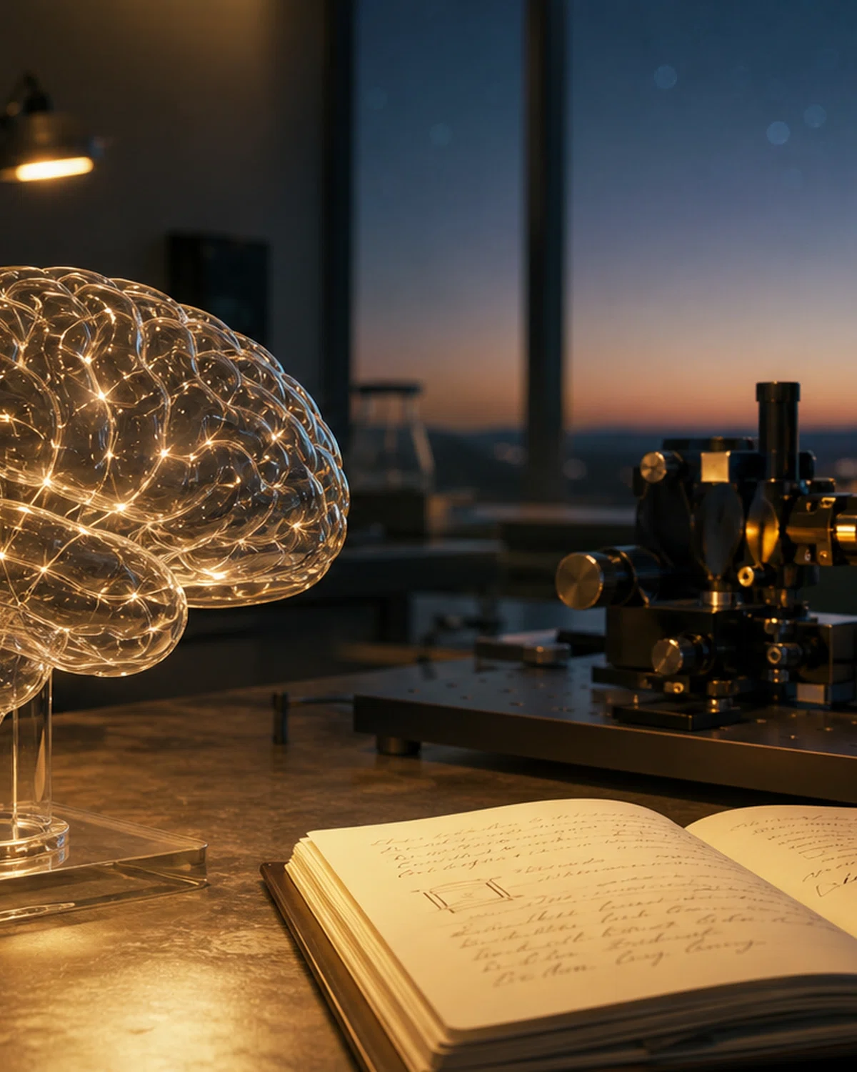 A glass brain model and optical instruments in a neuroscience laboratory