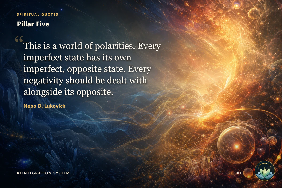 Pillar Five. This is a world of polarities. Every imperfect state has its own imperfect, opposite state. Every negativity should be dealt with alongside its opposite. Nebo D. Lukovich
