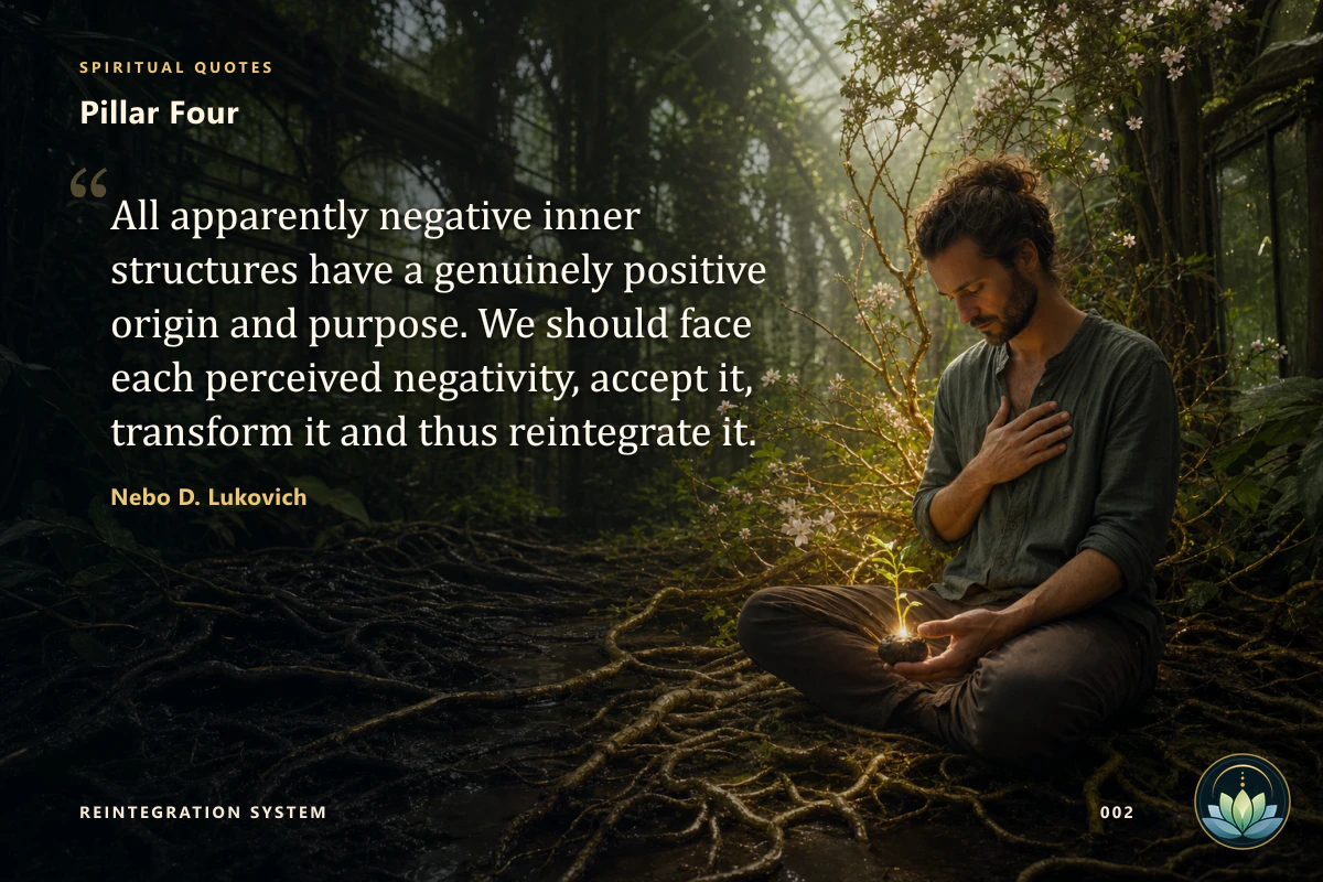 Pillar Four. All apparently negative inner structures have a genuinely positive origin and purpose. We should face each perceived negativity, accept it, transform it and thus reintegrate it. Nebo D. Lukovich