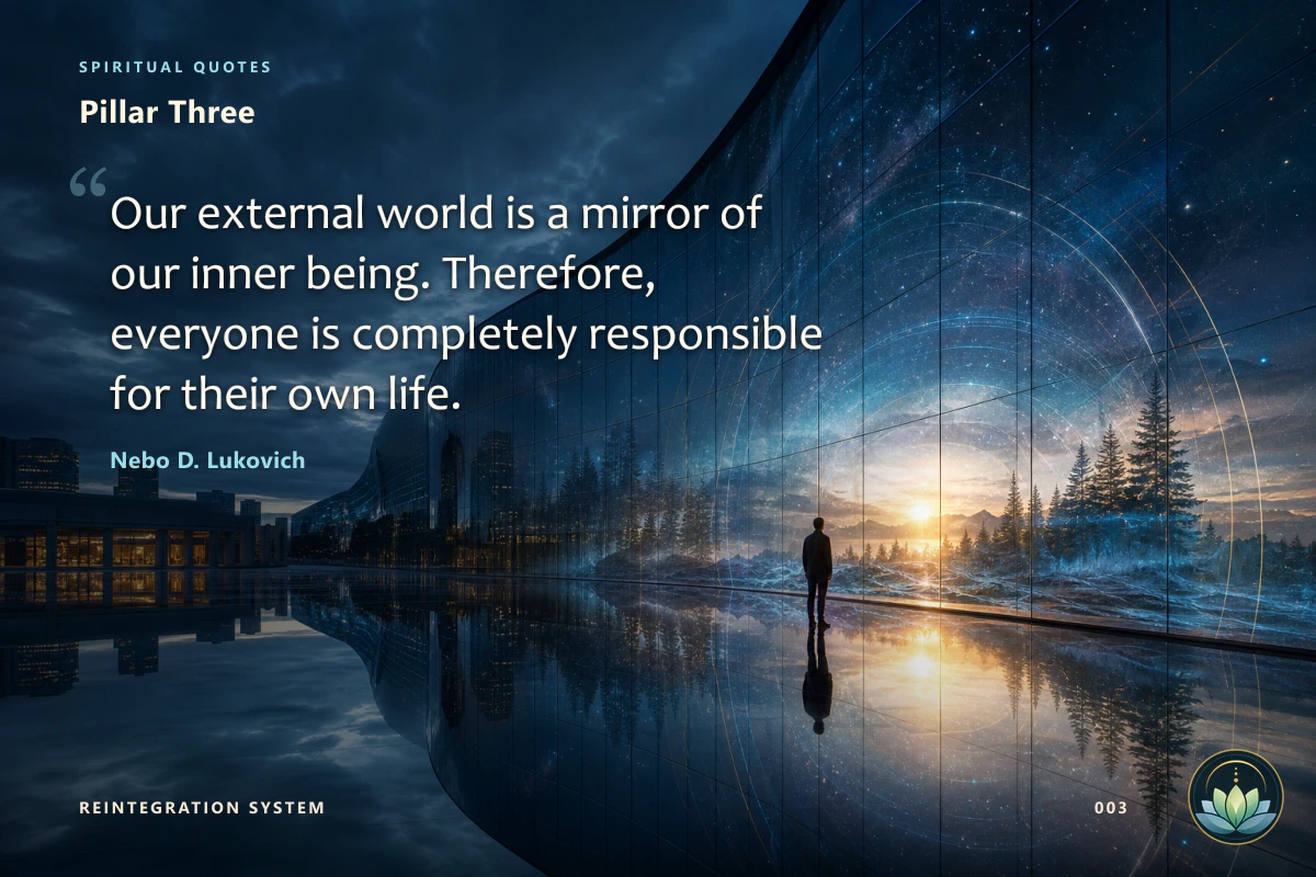 Pillar Three. Our external world is a mirror of our inner being. Therefore, everyone is completely responsible for their own life. Nebo D. Lukovich