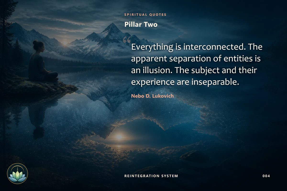 Pillar Two. Everything is interconnected. The apparent separation of entities is an illusion. The subject and their experience are inseparable. Nebo D. Lukovich