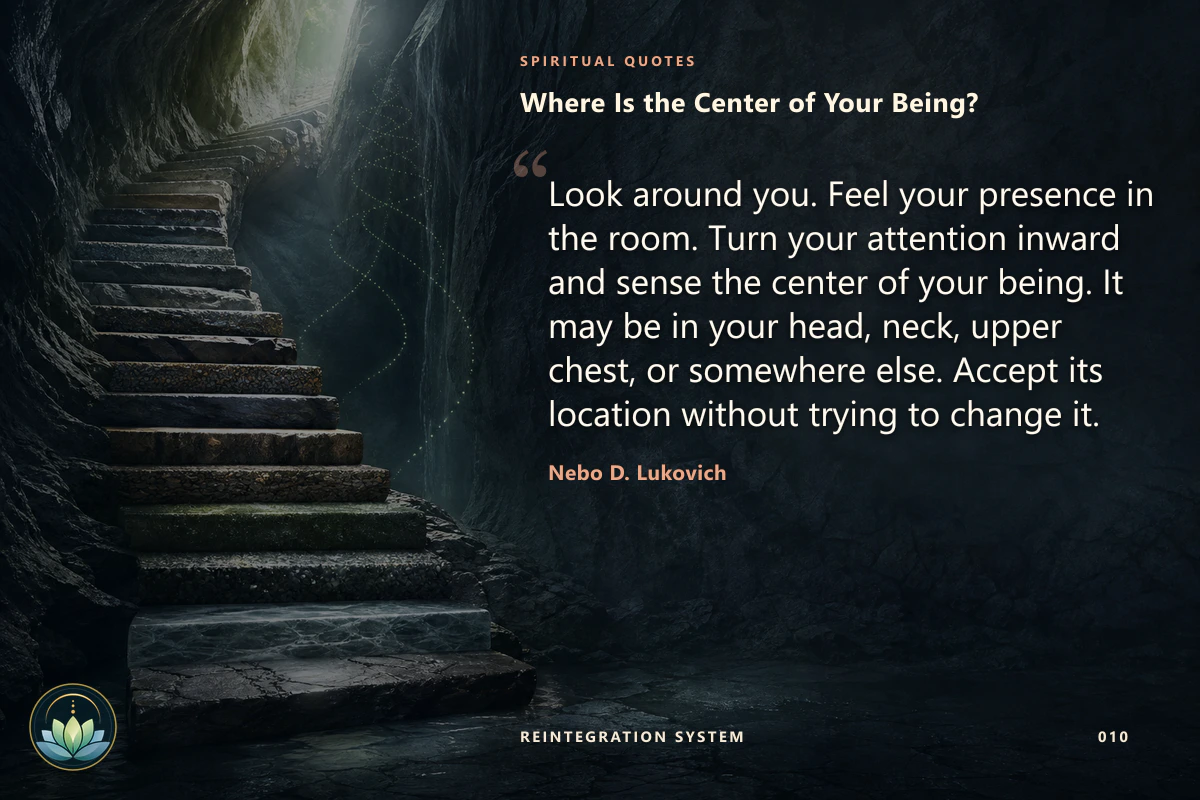 Where Is the Center of Your Being?. Look around you. Feel your presence in the room. Turn your attention inward and sense the center of your being. It may be in your head, neck, upper chest, or somewhere else. Accept its location without trying to change it. Nebo D. Lukovich