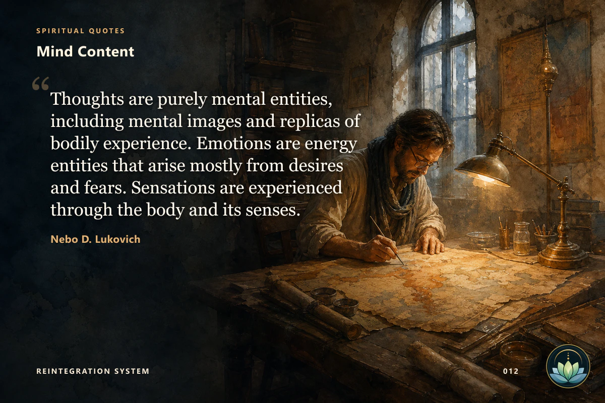 Mind Content. Thoughts are purely mental entities, including mental images and replicas of bodily experience. Emotions are energy entities that arise mostly from desires and fears. Sensations are experienced through the body and its senses. Nebo D. Lukovich