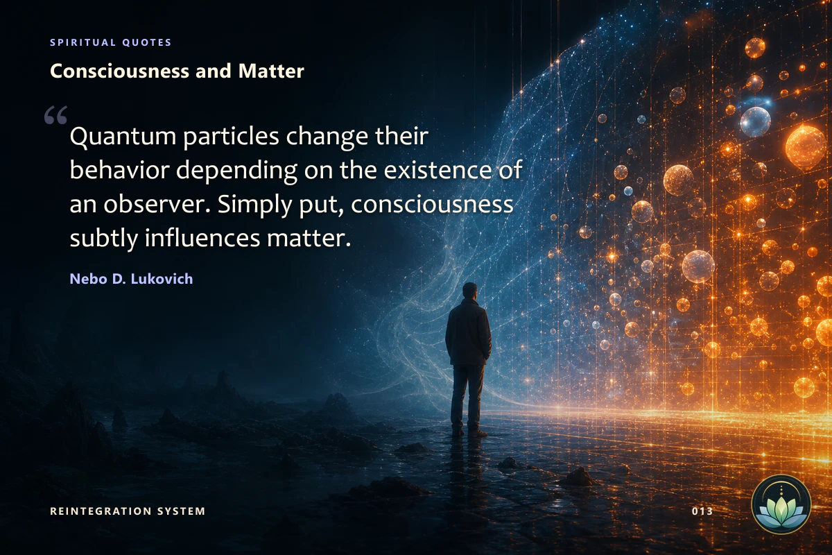 Consciousness and Matter. Quantum particles change their behavior depending on the existence of an observer. Simply put, consciousness subtly influences matter. Nebo D. Lukovich