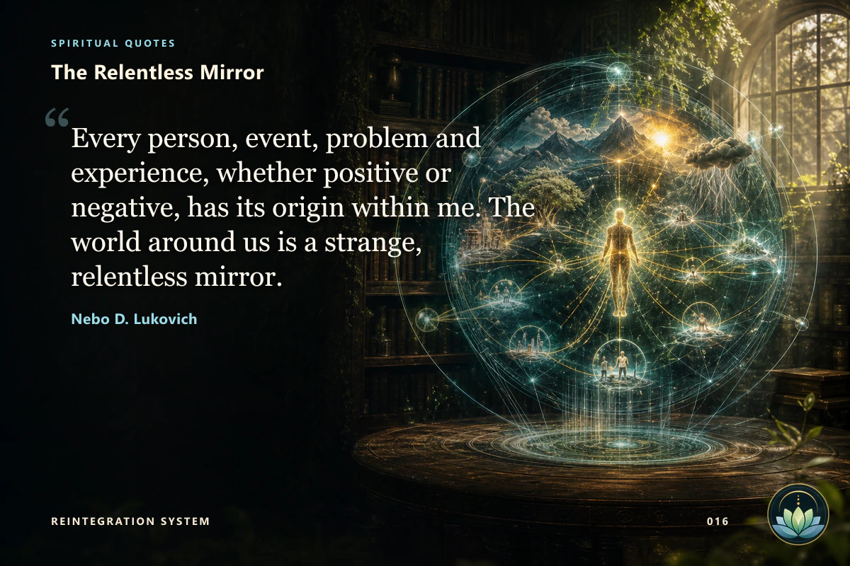 The Relentless Mirror. Every person, event, problem and experience, whether positive or negative, has its origin within me. The world around us is a strange, relentless mirror. Nebo D. Lukovich