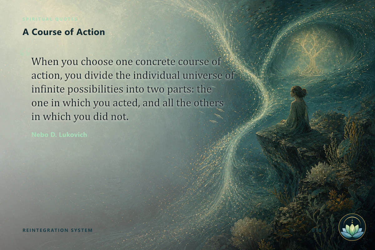 A Course of Action. When you choose one concrete course of action, you divide the individual universe of infinite possibilities into two parts: the one in which you acted, and all the others in which you did not. Nebo D. Lukovich