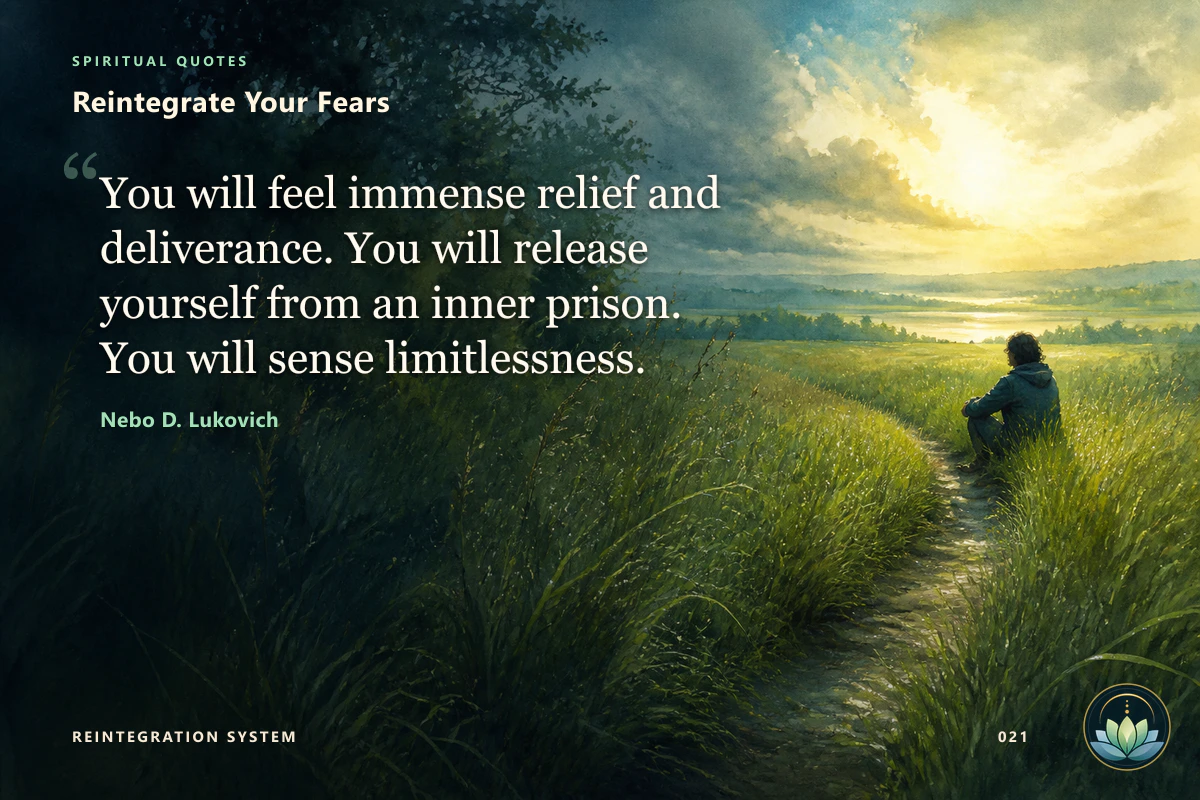 Reintegrate Your Fears. You will feel immense relief and deliverance. You will release yourself from an inner prison. You will sense limitlessness. Nebo D. Lukovich