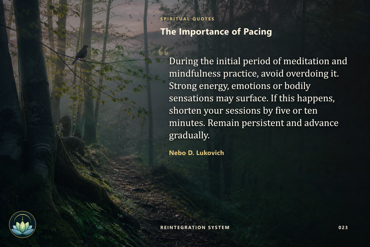 The Importance of Pacing. During the initial period of meditation and mindfulness practice, avoid overdoing it. Strong energy, emotions or bodily sensations may surface. If this happens, shorten your sessions by five or ten minutes. Remain persistent and advance gradually. Nebo D. Lukovich
