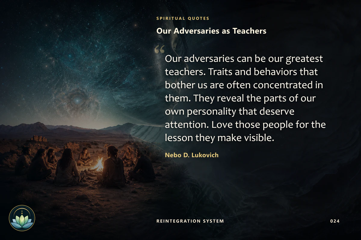 Our Adversaries as Teachers. Our adversaries can be our greatest teachers. Traits and behaviors that bother us are often concentrated in them. They reveal the parts of our own personality that deserve attention. Love those people for the lesson they make visible. Nebo D. Lukovich