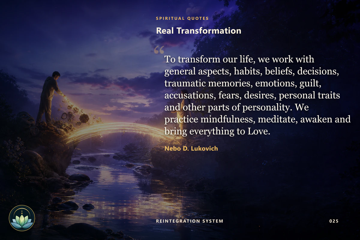 Real Transformation. To transform our life, we work with general aspects, habits, beliefs, decisions, traumatic memories, emotions, guilt, accusations, fears, desires, personal traits and other parts of personality. We practice mindfulness, meditate, awaken and bring everything to Love. Nebo D. Lukovich