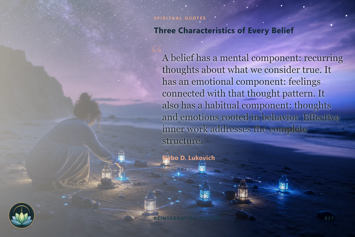 Three Characteristics of Every Belief. A belief has a mental component: recurring thoughts about what we consider true. It has an emotional component: feelings connected with that thought pattern. It also has a habitual component: thoughts and emotions rooted in behavior. Effective inner work addresses the complete structure. Nebo D. Lukovich