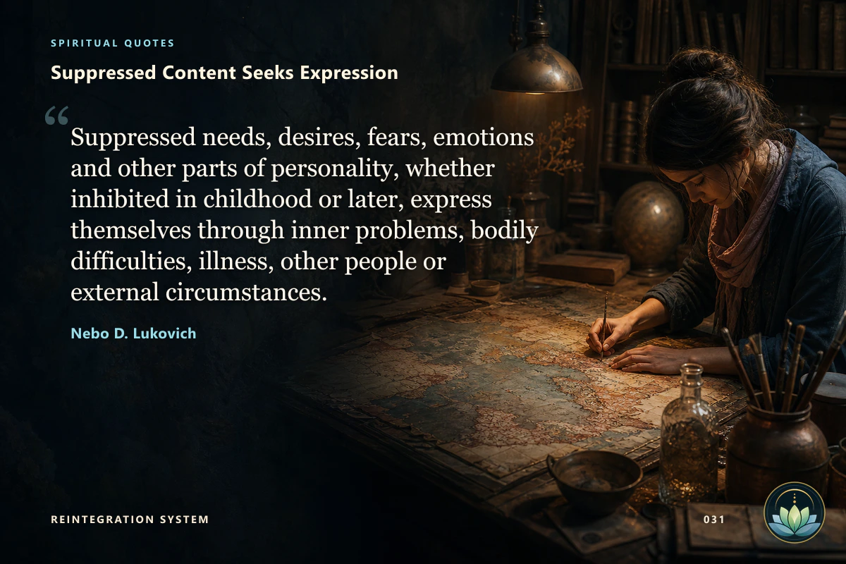 Suppressed Content Seeks Expression. Suppressed needs, desires, fears, emotions and other parts of personality, whether inhibited in childhood or later, express themselves through inner problems, bodily difficulties, illness, other people or external circumstances. Nebo D. Lukovich