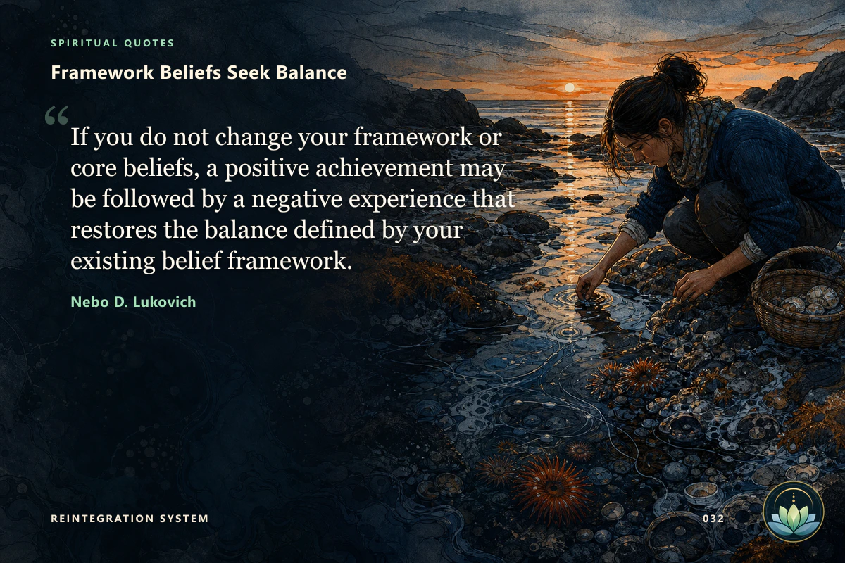 Framework Beliefs Seek Balance. If you do not change your framework or core beliefs, a positive achievement may be followed by a negative experience that restores the balance defined by your existing belief framework. Nebo D. Lukovich