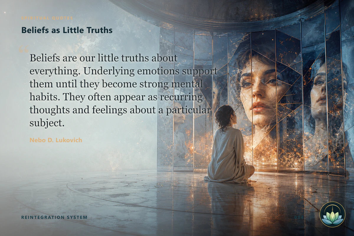 Beliefs as Little Truths. Beliefs are our little truths about everything. Underlying emotions support them until they become strong mental habits. They often appear as recurring thoughts and feelings about a particular subject. Nebo D. Lukovich