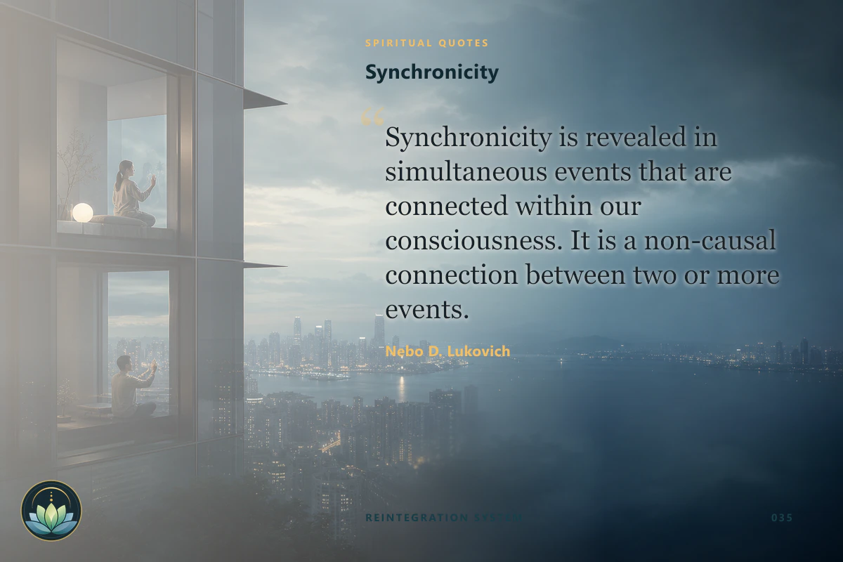 Synchronicity. Synchronicity is revealed in simultaneous events that are connected within our consciousness. It is a non-causal connection between two or more events. Nebo D. Lukovich