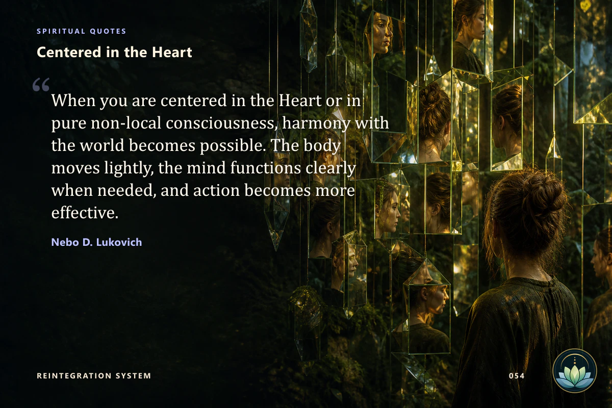 Centered in the Heart. When you are centered in the Heart or in pure non-local consciousness, harmony with the world becomes possible. The body moves lightly, the mind functions clearly when needed, and action becomes more effective. Nebo D. Lukovich