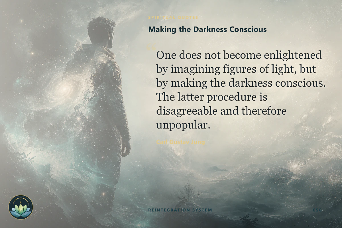Making the Darkness Conscious. One does not become enlightened by imagining figures of light, but by making the darkness conscious. The latter procedure is disagreeable and therefore unpopular. Carl Gustav Jung