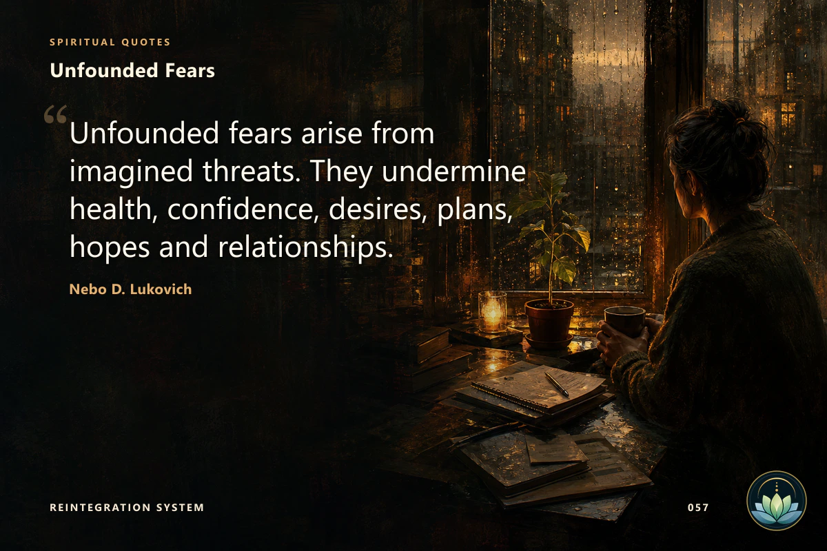 Unfounded Fears. Unfounded fears arise from imagined threats. They undermine health, confidence, desires, plans, hopes and relationships. Nebo D. Lukovich