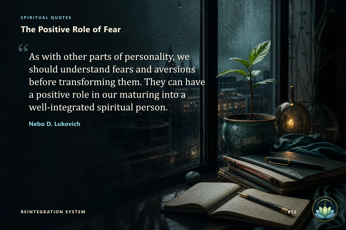 The Positive Role of Fear. As with other parts of personality, we should understand fears and aversions before transforming them. They can have a positive role in our maturing into a well-integrated spiritual person. Nebo D. Lukovich