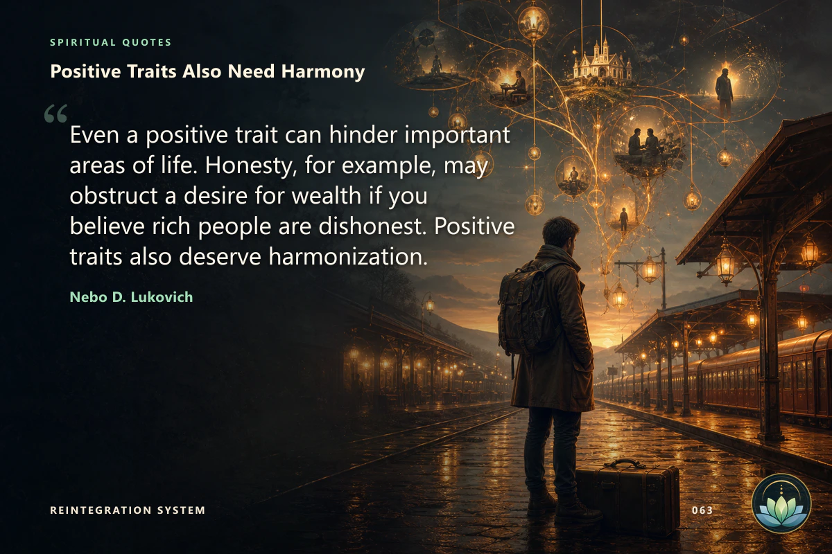 Positive Traits Also Need Harmony. Even a positive trait can hinder important areas of life. Honesty, for example, may obstruct a desire for wealth if you believe rich people are dishonest. Positive traits also deserve harmonization. Nebo D. Lukovich