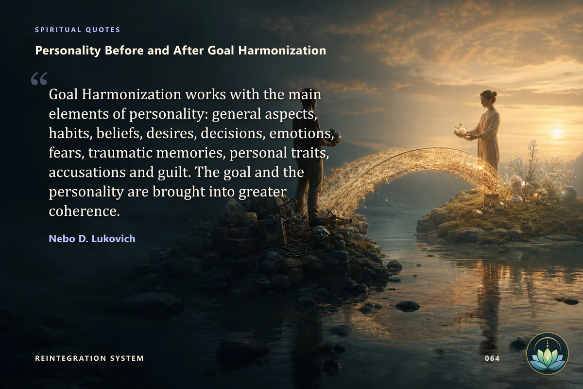 Personality Before and After Goal Harmonization. Goal Harmonization works with the main elements of personality: general aspects, habits, beliefs, desires, decisions, emotions, fears, traumatic memories, personal traits, accusations and guilt. The goal and the personality are brought into greater coherence. Nebo D. Lukovich
