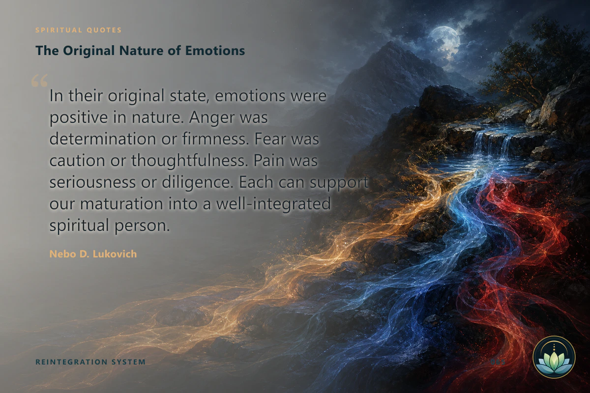 The Original Nature of Emotions. In their original state, emotions were positive in nature. Anger was determination or firmness. Fear was caution or thoughtfulness. Pain was seriousness or diligence. Each can support our maturation into a well-integrated spiritual person. Nebo D. Lukovich