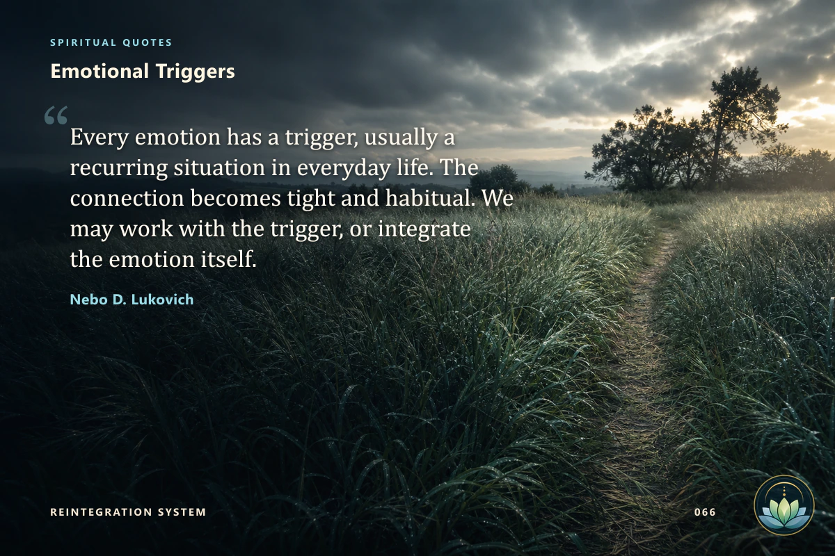 Emotional Triggers. Every emotion has a trigger, usually a recurring situation in everyday life. The connection becomes tight and habitual. We may work with the trigger, or integrate the emotion itself. Nebo D. Lukovich