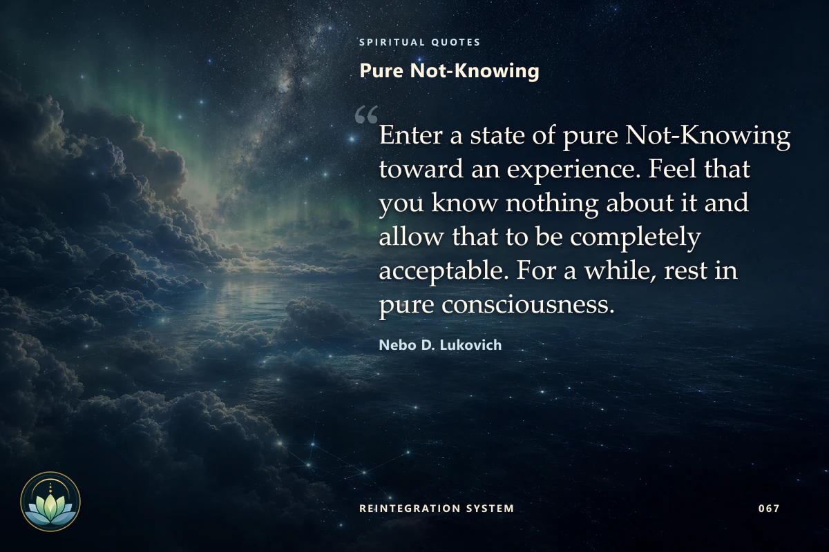 Pure Not-Knowing. Enter a state of pure Not-Knowing toward an experience. Feel that you know nothing about it and allow that to be completely acceptable. For a while, rest in pure consciousness. Nebo D. Lukovich