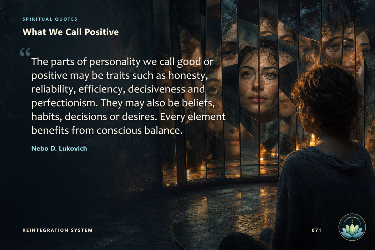 What We Call Positive. The parts of personality we call good or positive may be traits such as honesty, reliability, efficiency, decisiveness and perfectionism. They may also be beliefs, habits, decisions or desires. Every element benefits from conscious balance. Nebo D. Lukovich
