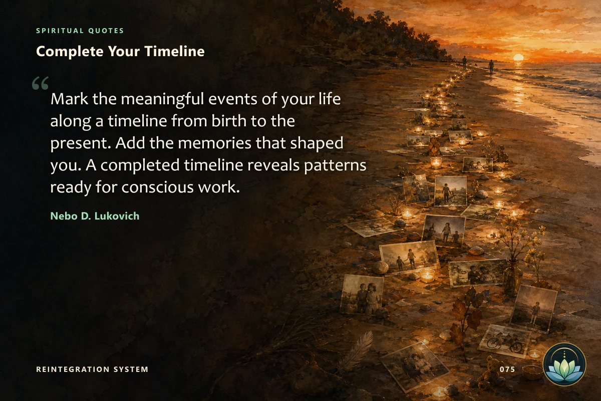 Complete Your Timeline. Mark the meaningful events of your life along a timeline from birth to the present. Add the memories that shaped you. A completed timeline reveals patterns ready for conscious work. Nebo D. Lukovich