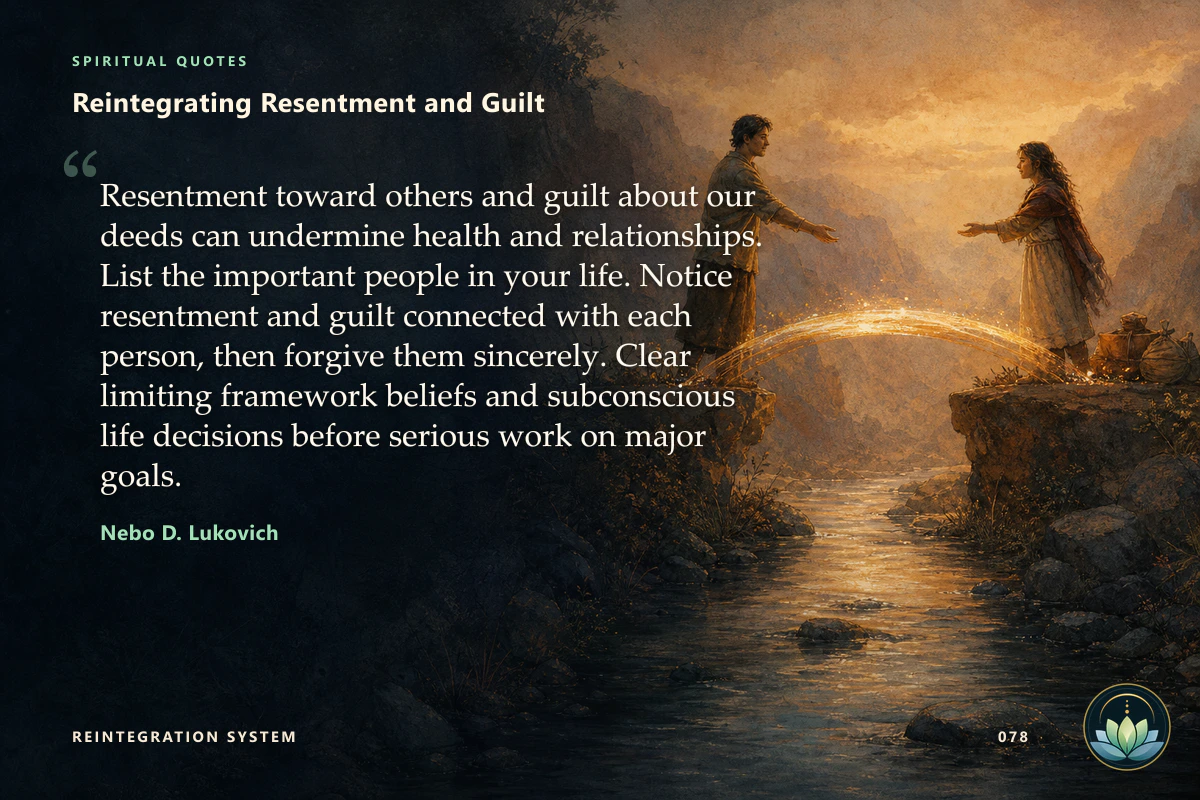 Reintegrating Resentment and Guilt. Resentment toward others and guilt about our deeds can undermine health and relationships. List the important people in your life. Notice resentment and guilt connected with each person, then forgive them sincerely. Clear limiting framework beliefs and subconscious life decisions before serious work on major goals. Nebo D. Lukovich