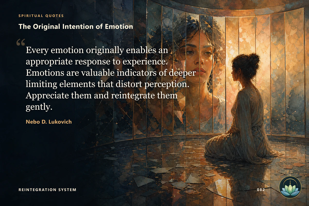 The Original Intention of Emotion. Every emotion originally enables an appropriate response to experience. Emotions are valuable indicators of deeper limiting elements that distort perception. Appreciate them and reintegrate them gently. Nebo D. Lukovich