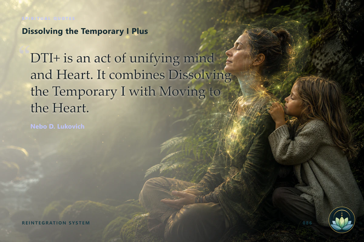 Dissolving the Temporary I Plus. DTI+ is an act of unifying mind and Heart. It combines Dissolving the Temporary I with Moving to the Heart. Nebo D. Lukovich