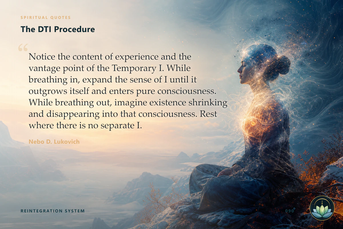 The DTI Procedure. Notice the content of experience and the vantage point of the Temporary I. While breathing in, expand the sense of I until it outgrows itself and enters pure consciousness. While breathing out, imagine existence shrinking and disappearing into that consciousness. Rest where there is no separate I. Nebo D. Lukovich
