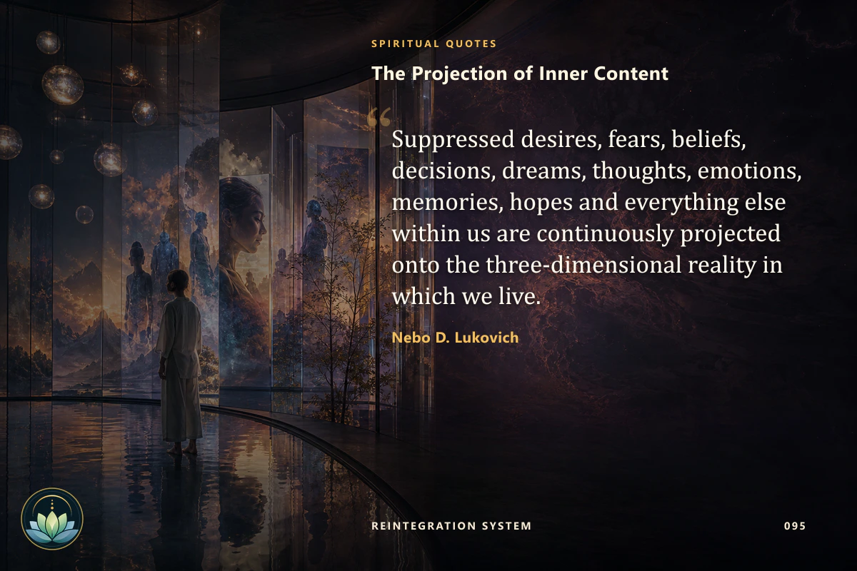 The Projection of Inner Content. Suppressed desires, fears, beliefs, decisions, dreams, thoughts, emotions, memories, hopes and everything else within us are continuously projected onto the three-dimensional reality in which we live. Nebo D. Lukovich