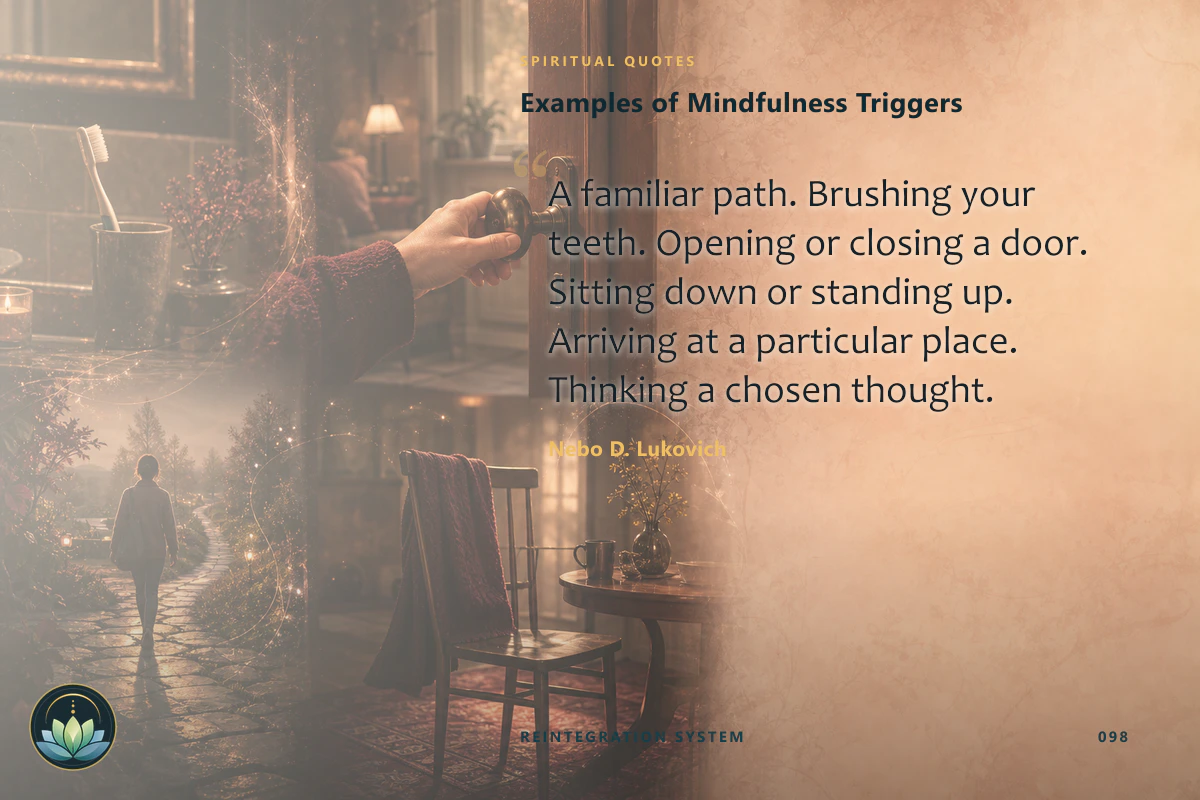 Examples of Mindfulness Triggers. A familiar path. Brushing your teeth. Opening or closing a door. Sitting down or standing up. Arriving at a particular place. Thinking a chosen thought. Nebo D. Lukovich