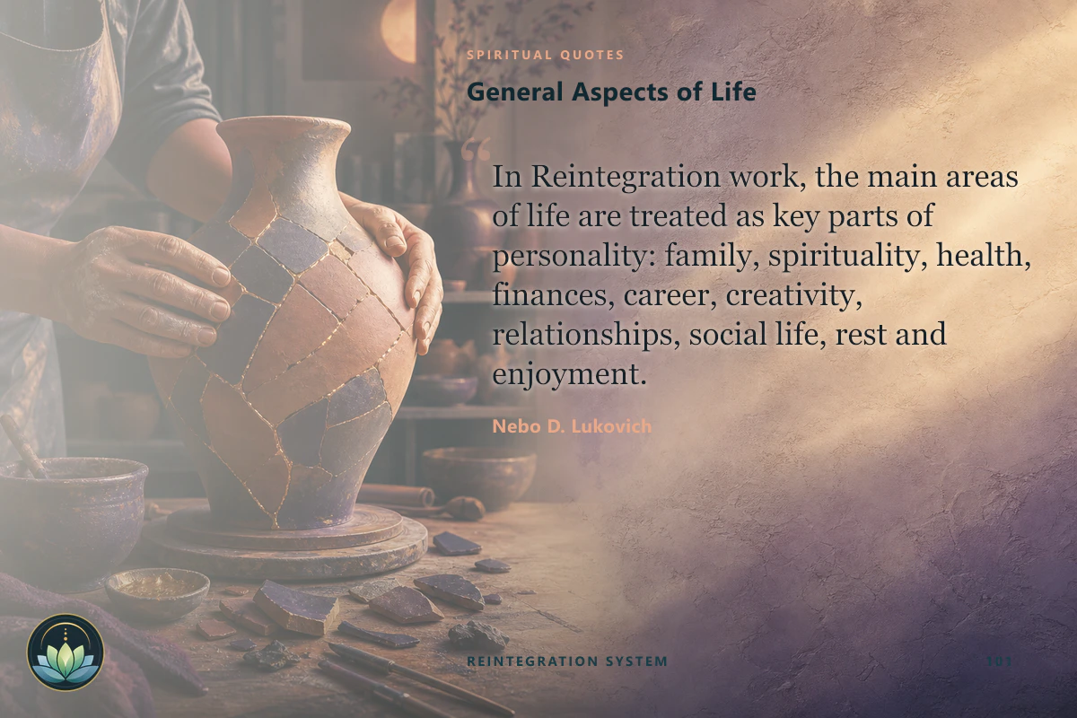 General Aspects of Life. In Reintegration work, the main areas of life are treated as key parts of personality: family, spirituality, health, finances, career, creativity, relationships, social life, rest and enjoyment. Nebo D. Lukovich