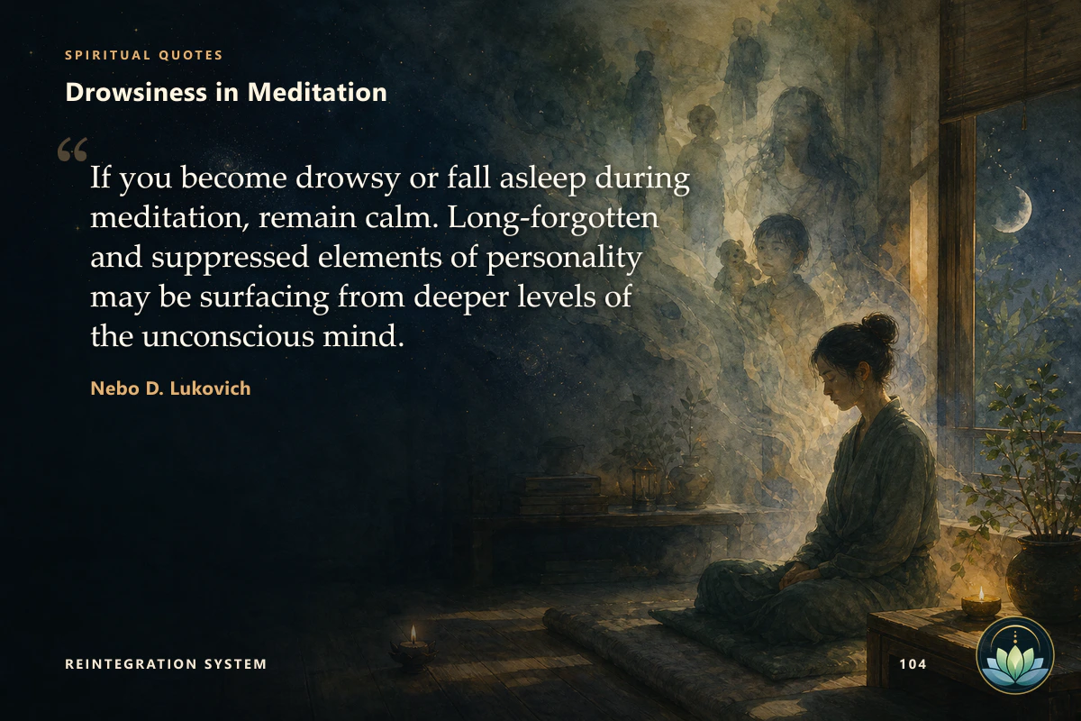 Drowsiness in Meditation. If you become drowsy or fall asleep during meditation, remain calm. Long-forgotten and suppressed elements of personality may be surfacing from deeper levels of the unconscious mind. Nebo D. Lukovich