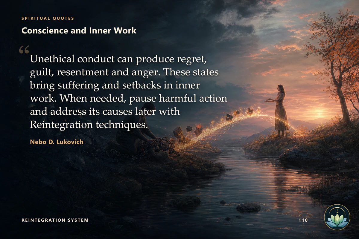 Conscience and Inner Work. Unethical conduct can produce regret, guilt, resentment and anger. These states bring suffering and setbacks in inner work. When needed, pause harmful action and address its causes later with Reintegration techniques. Nebo D. Lukovich