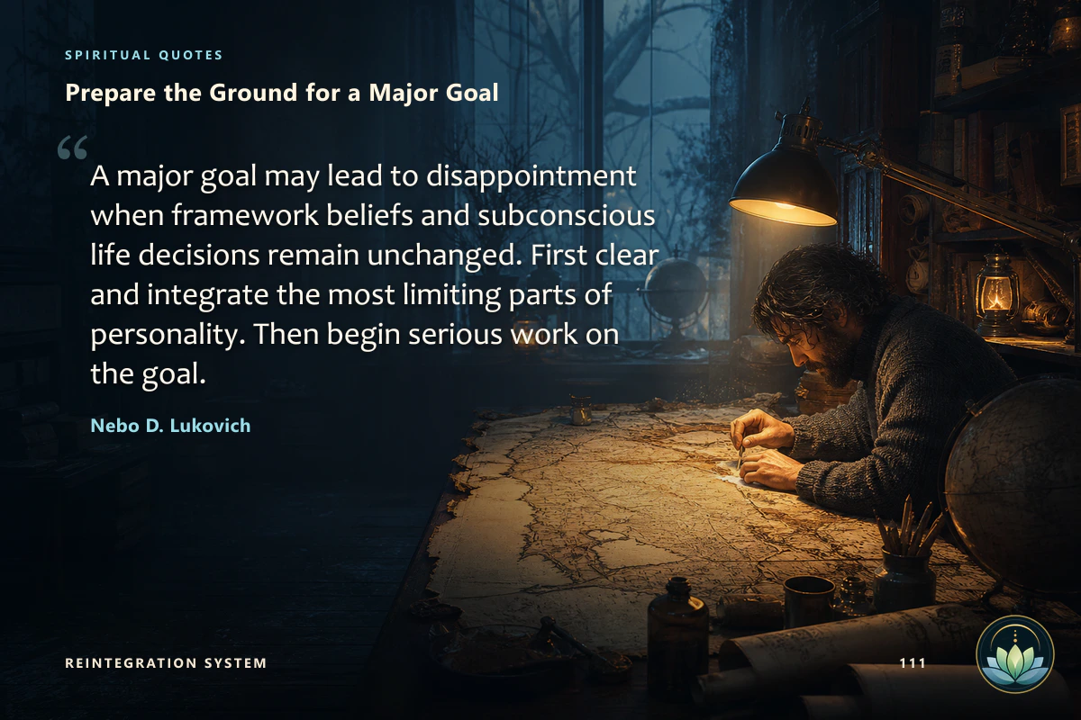Prepare the Ground for a Major Goal. A major goal may lead to disappointment when framework beliefs and subconscious life decisions remain unchanged. First clear and integrate the most limiting parts of personality. Then begin serious work on the goal. Nebo D. Lukovich