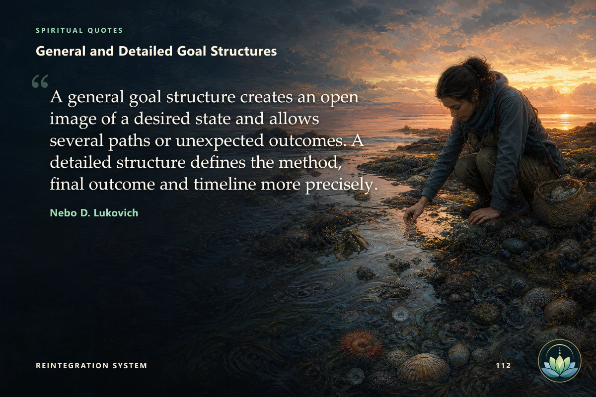 General and Detailed Goal Structures. A general goal structure creates an open image of a desired state and allows several paths or unexpected outcomes. A detailed structure defines the method, final outcome and timeline more precisely. Nebo D. Lukovich