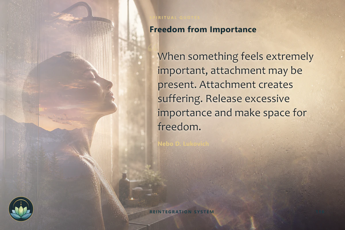 Freedom from Importance. When something feels extremely important, attachment may be present. Attachment creates suffering. Release excessive importance and make space for freedom. Nebo D. Lukovich