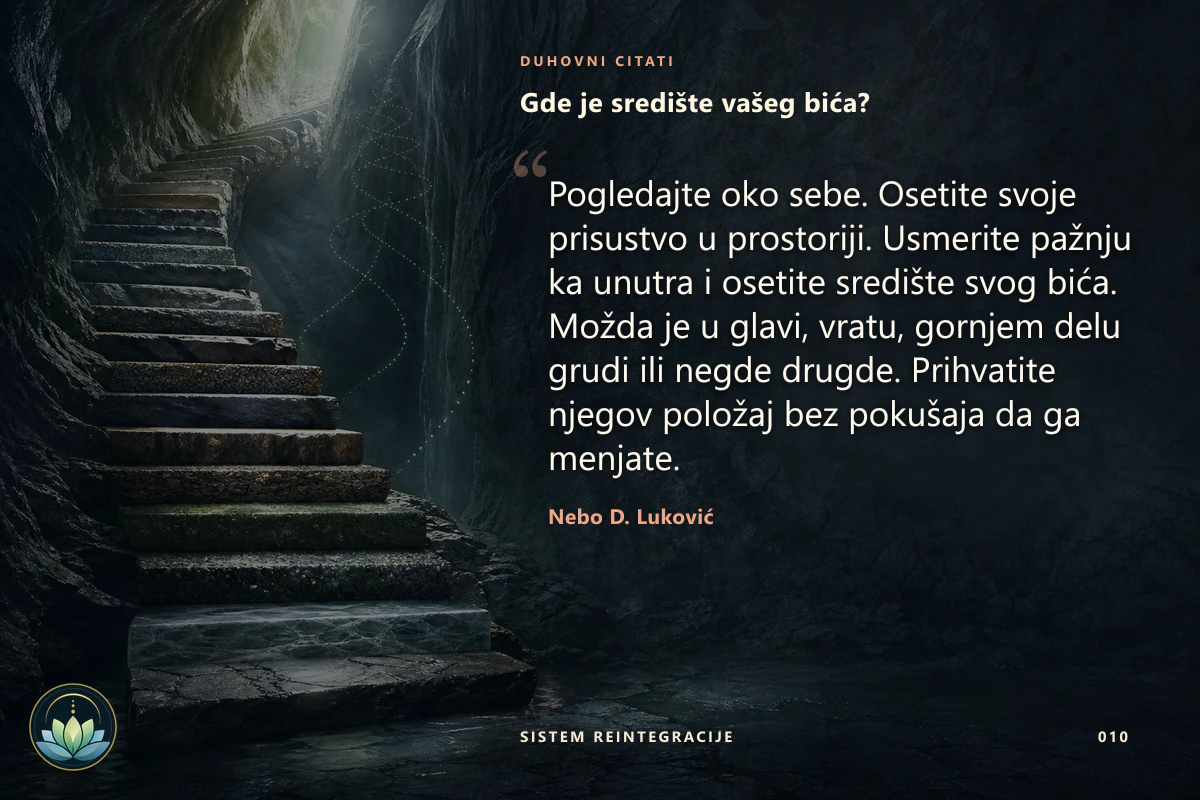 Gde je središte vašeg bića?. Pogledajte oko sebe. Osetite svoje prisustvo u prostoriji. Usmerite pažnju ka unutra i osetite središte svog bića. Možda je u glavi, vratu, gornjem delu grudi ili negde drugde. Prihvatite njegov položaj bez pokušaja da ga menjate. Nebo D. Luković