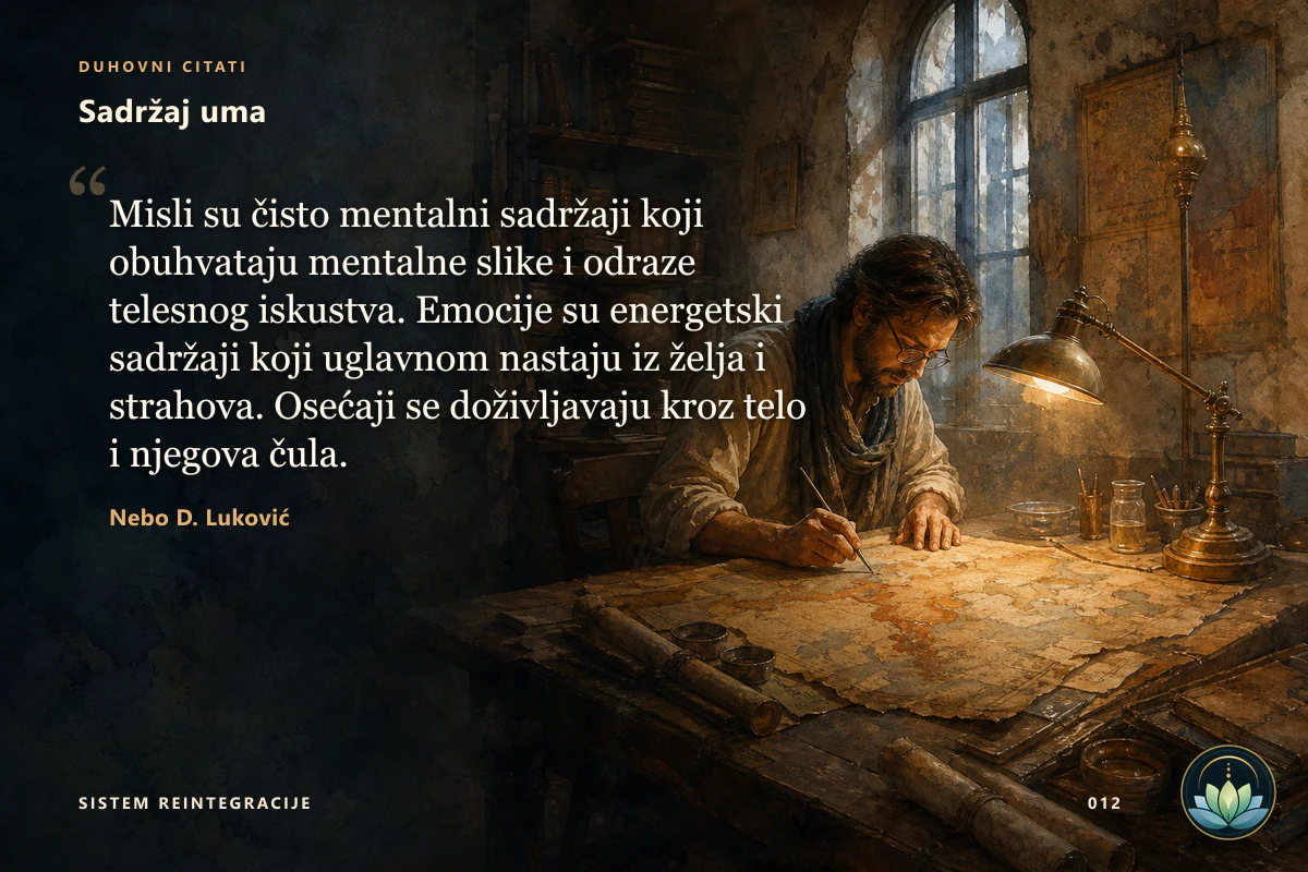 Sadržaj uma. Misli su čisto mentalni sadržaji koji obuhvataju mentalne slike i odraze telesnog iskustva. Emocije su energetski sadržaji koji uglavnom nastaju iz želja i strahova. Osećaji se doživljavaju kroz telo i njegova čula. Nebo D. Luković