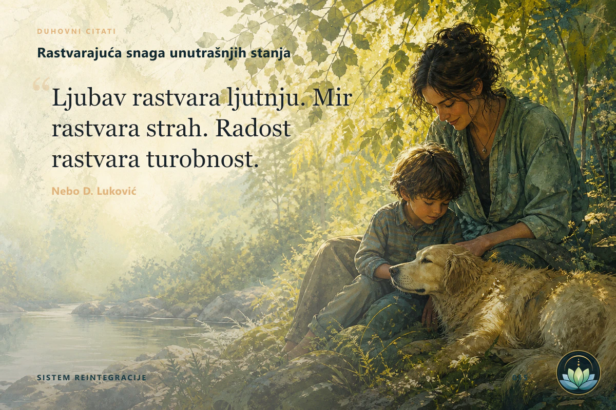 Rastvarajuća snaga unutrašnjih stanja. Ljubav rastvara ljutnju. Mir rastvara strah. Radost rastvara turobnost. Nebo D. Luković