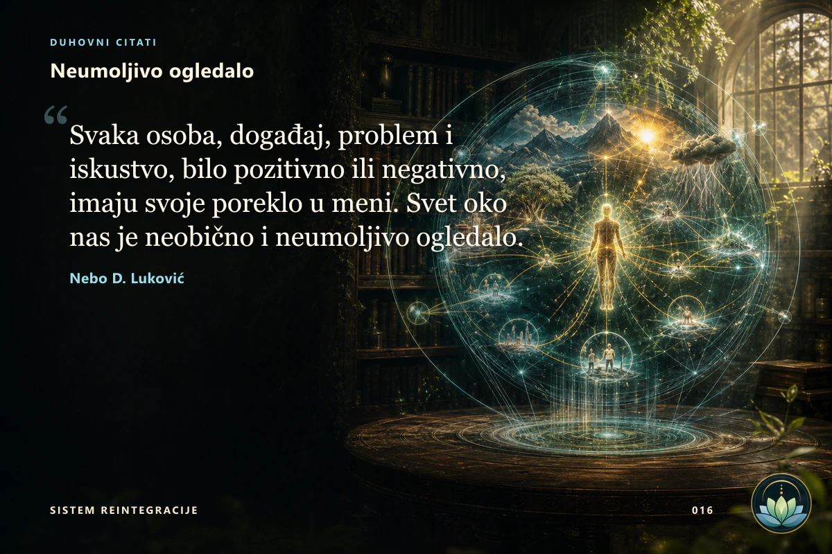 Neumoljivo ogledalo. Svaka osoba, događaj, problem i iskustvo, bilo pozitivno ili negativno, imaju svoje poreklo u meni. Svet oko nas je neobično i neumoljivo ogledalo. Nebo D. Luković
