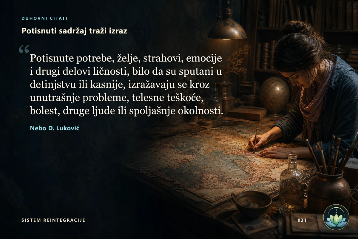Potisnuti sadržaj traži izraz. Potisnute potrebe, želje, strahovi, emocije i drugi delovi ličnosti, bilo da su sputani u detinjstvu ili kasnije, izražavaju se kroz unutrašnje probleme, telesne teškoće, bolest, druge ljude ili spoljašnje okolnosti. Nebo D. Luković