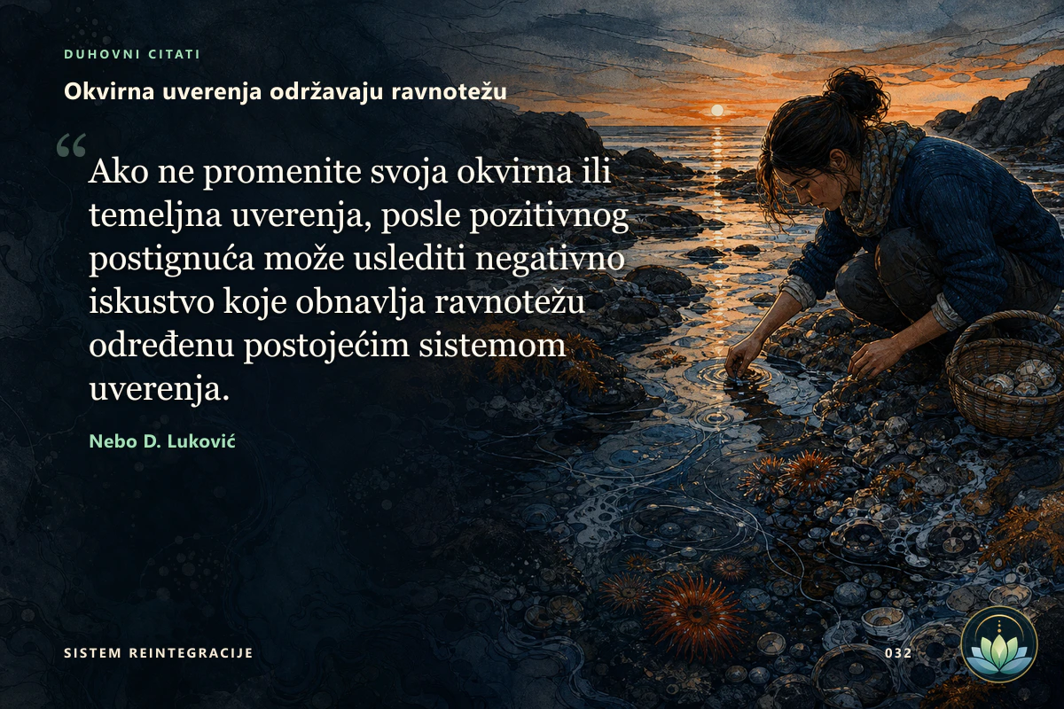 Okvirna uverenja održavaju ravnotežu. Ako ne promenite svoja okvirna ili temeljna uverenja, posle pozitivnog postignuća može uslediti negativno iskustvo koje obnavlja ravnotežu određenu postojećim sistemom uverenja. Nebo D. Luković