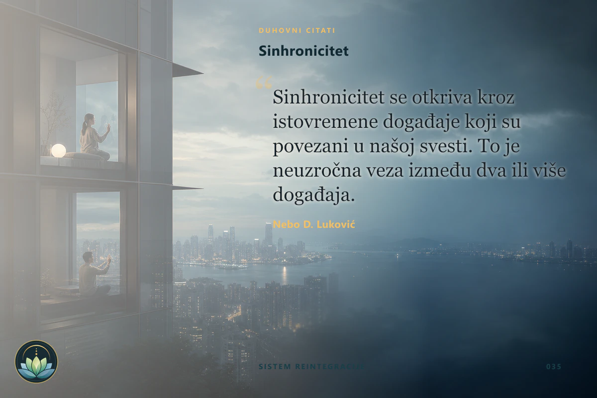 Sinhronicitet. Sinhronicitet se otkriva kroz istovremene događaje koji su povezani u našoj svesti. To je neuzročna veza između dva ili više događaja. Nebo D. Luković