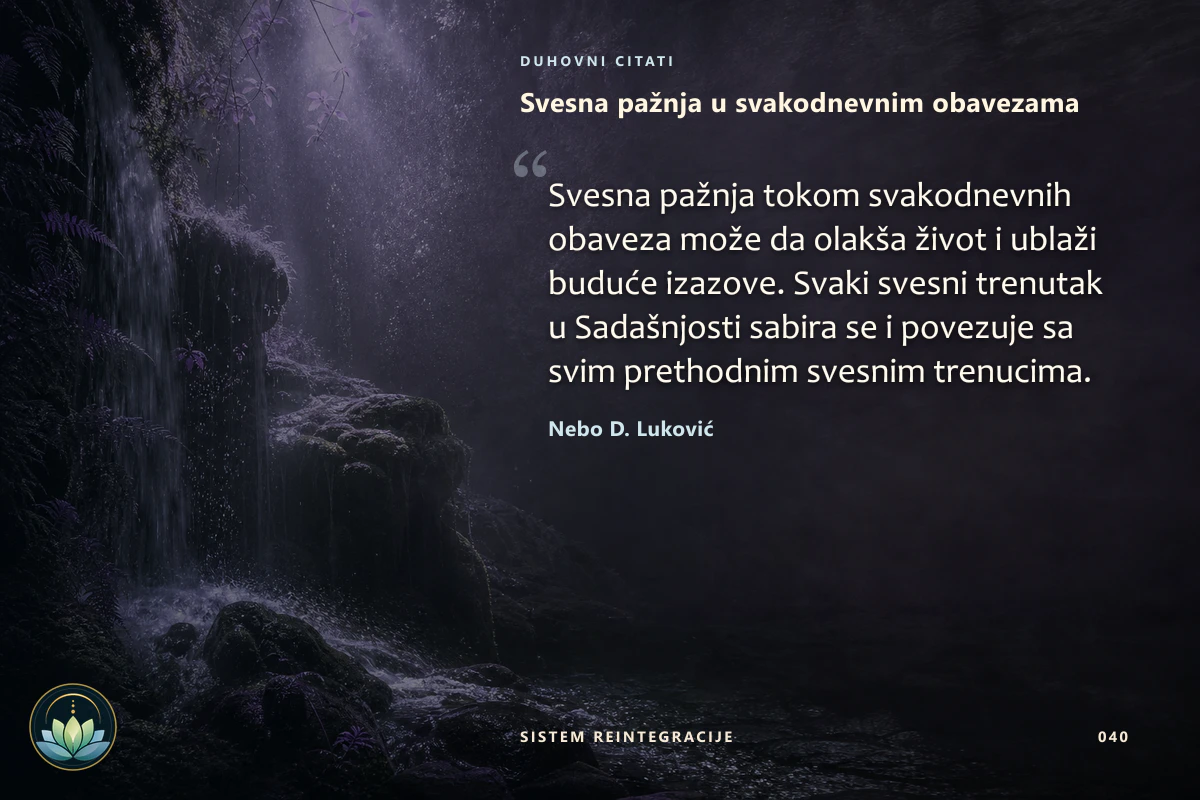 Svesna pažnja u svakodnevnim obavezama. Svesna pažnja tokom svakodnevnih obaveza može da olakša život i ublaži buduće izazove. Svaki svesni trenutak u Sadašnjosti sabira se i povezuje sa svim prethodnim svesnim trenucima. Nebo D. Luković